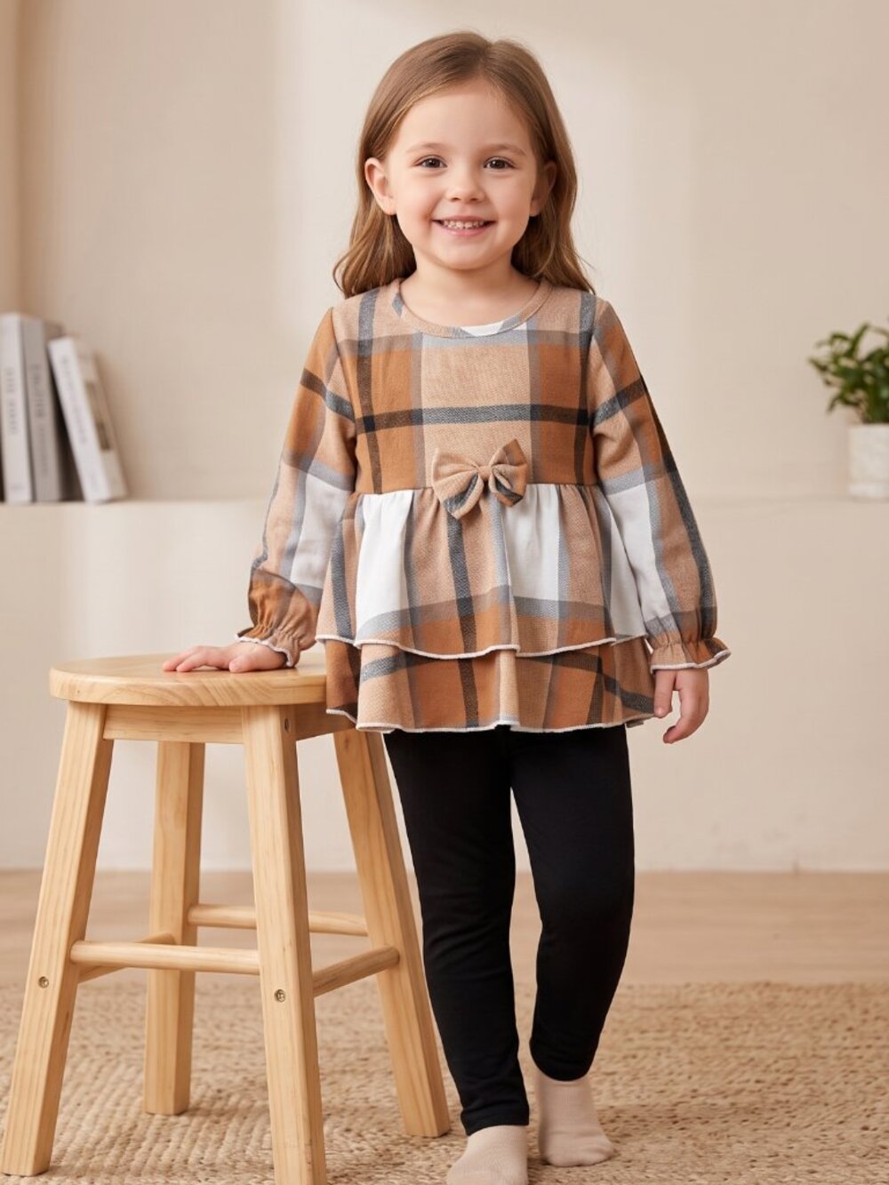 NWOT | Girls' 2-Piece Plaid Tunic & Leggings Set | Tiered Peplum | Caramel Onyx